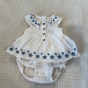 Floral Embroidered Baby Dress Set - White and Blue